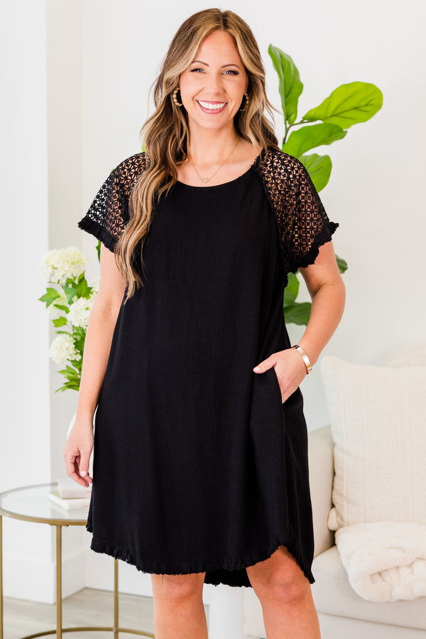 Chic Soul plus size clothing, black short sleeve mini dress with mesh sleeves with scoop neck and pockets