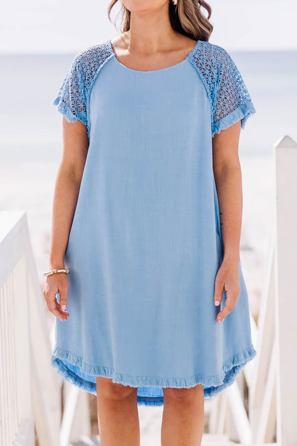 Plus Size light blue linen-blend shift dress with lace short sleeves and a frayed hemline.
