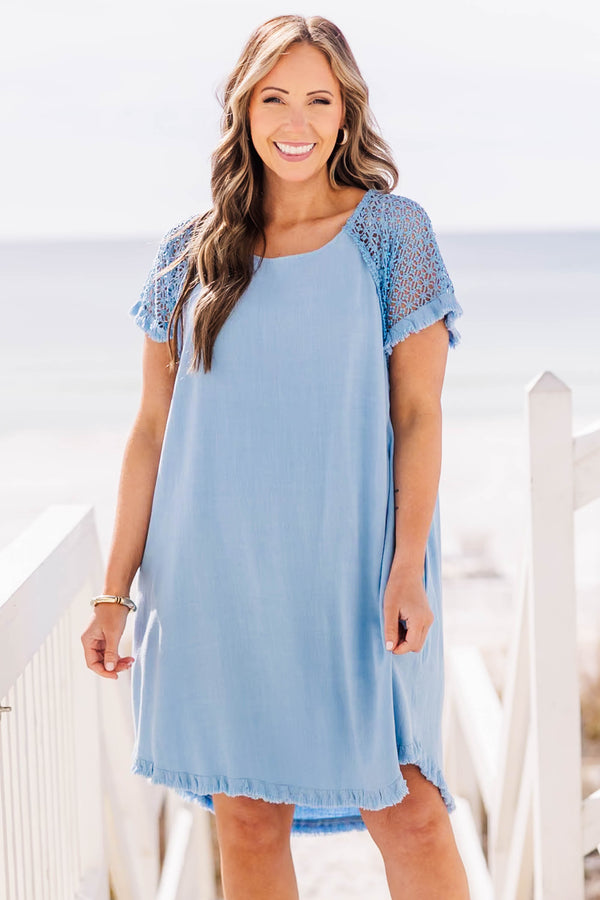 Plus Size light blue linen-blend shift dress with lace short sleeves and a frayed hemline.