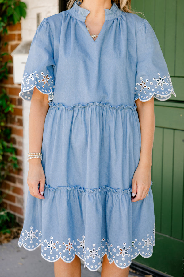 Chic Soul plus size clothing, denim blue slight v-neck half sleeve tiered babydoll dress with white embroidered eyelet design near scalloped edges
