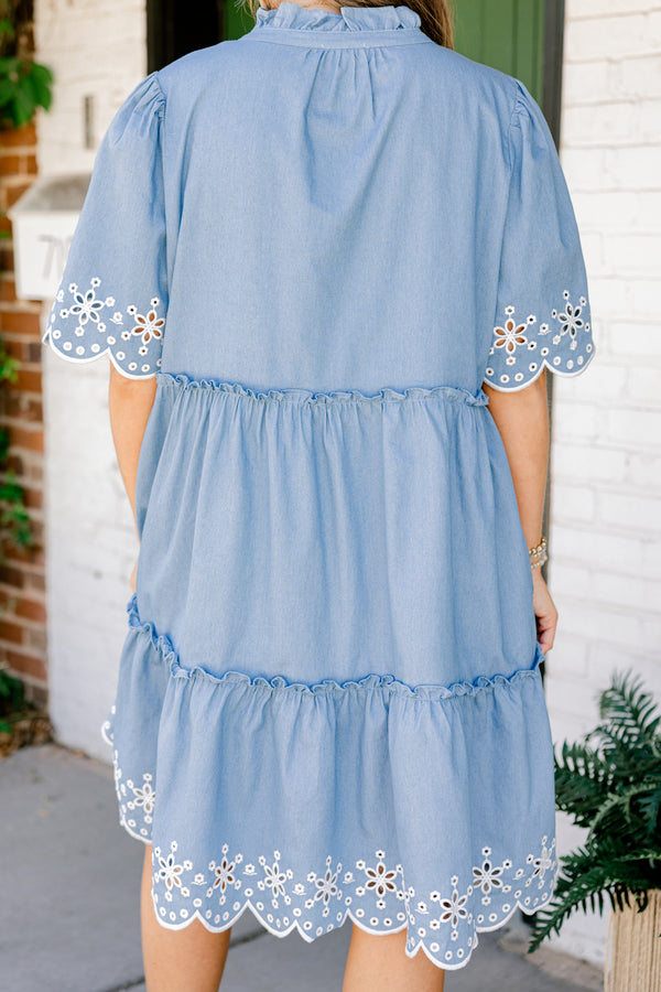 Chic Soul plus size clothing, denim blue slight v-neck half sleeve tiered babydoll dress with white embroidered eyelet design near scalloped edges