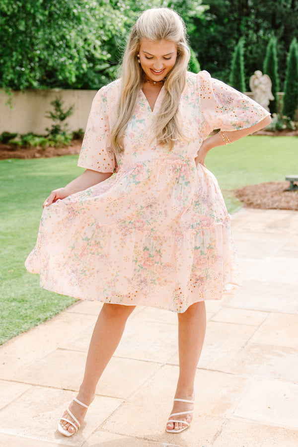 Chic Soul plus size clothing, light pink short sleeve babydoll dress with floral eyelet design