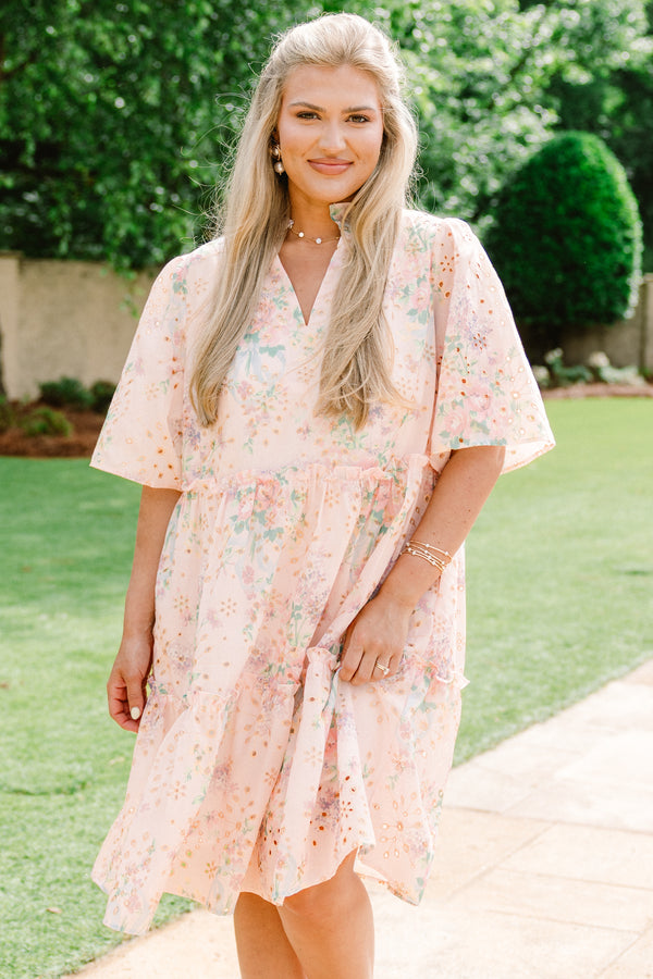 Chic Soul plus size clothing, light pink short sleeve babydoll dress with floral eyelet design