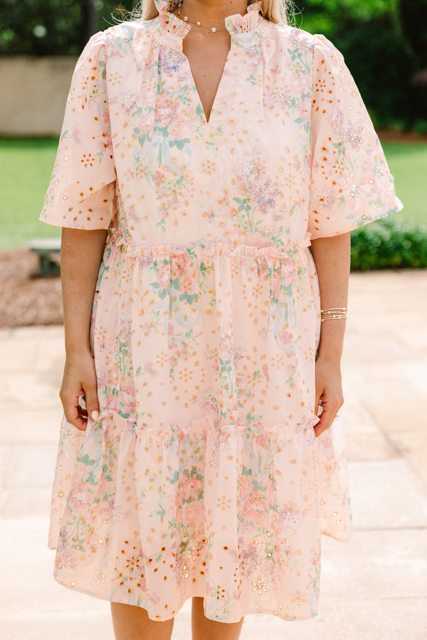 Chic Soul plus size clothing, light pink short sleeve babydoll dress with floral eyelet design