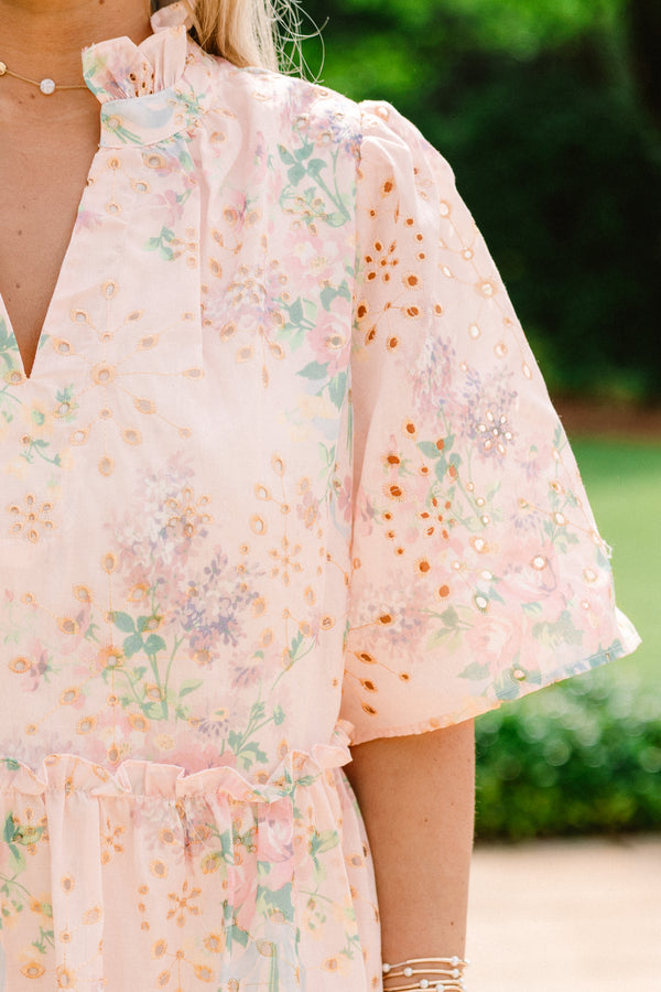 Chic Soul plus size clothing, light pink short sleeve babydoll dress with floral eyelet design