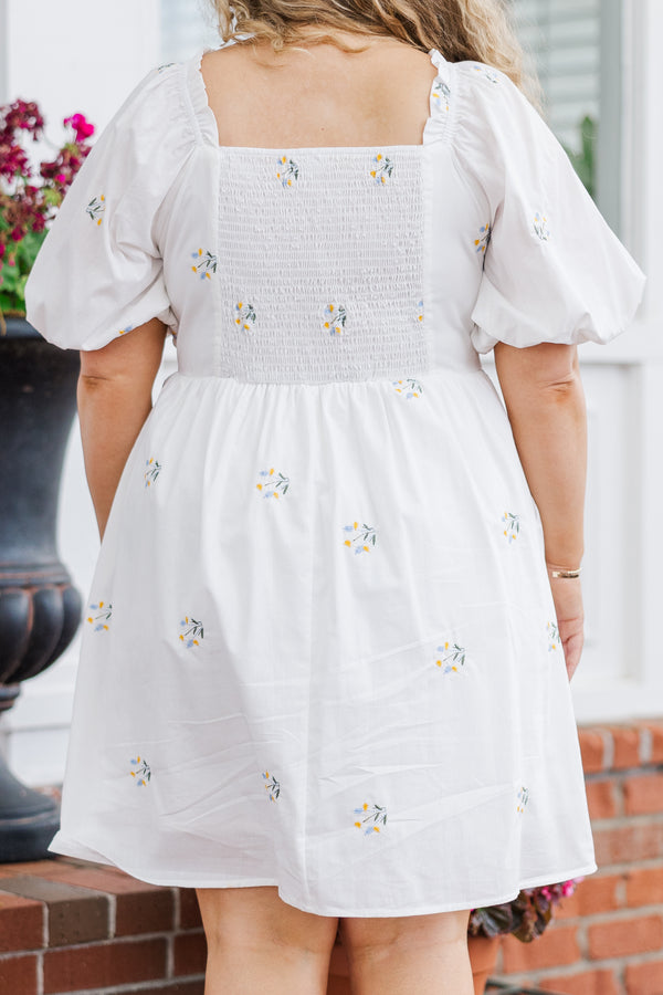 Chic Soul plus size clothing, short sleeve white baby doll dress with subtle floral pattern and puffed sleeves with slight v-neckline