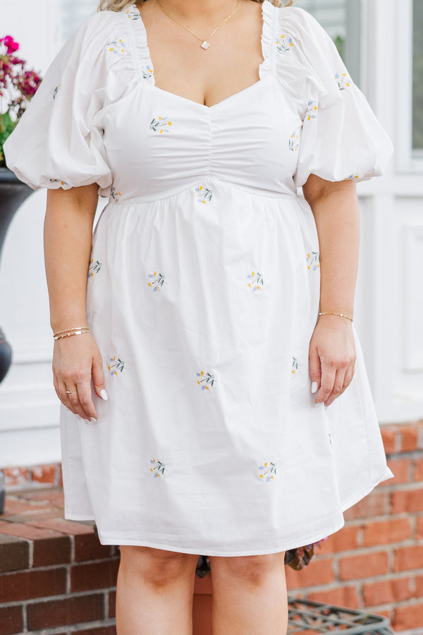 Chic Soul plus size clothing, short sleeve white baby doll dress with subtle floral pattern and puffed sleeves with slight v-neckline