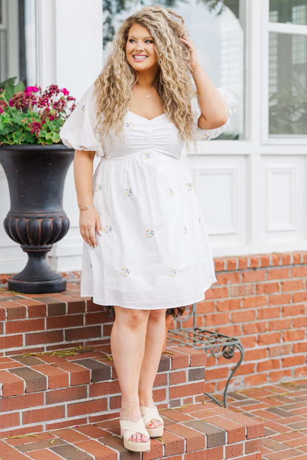 Chic Soul plus size clothing, short sleeve white baby doll dress with subtle floral pattern and puffed sleeves with slight v-neckline