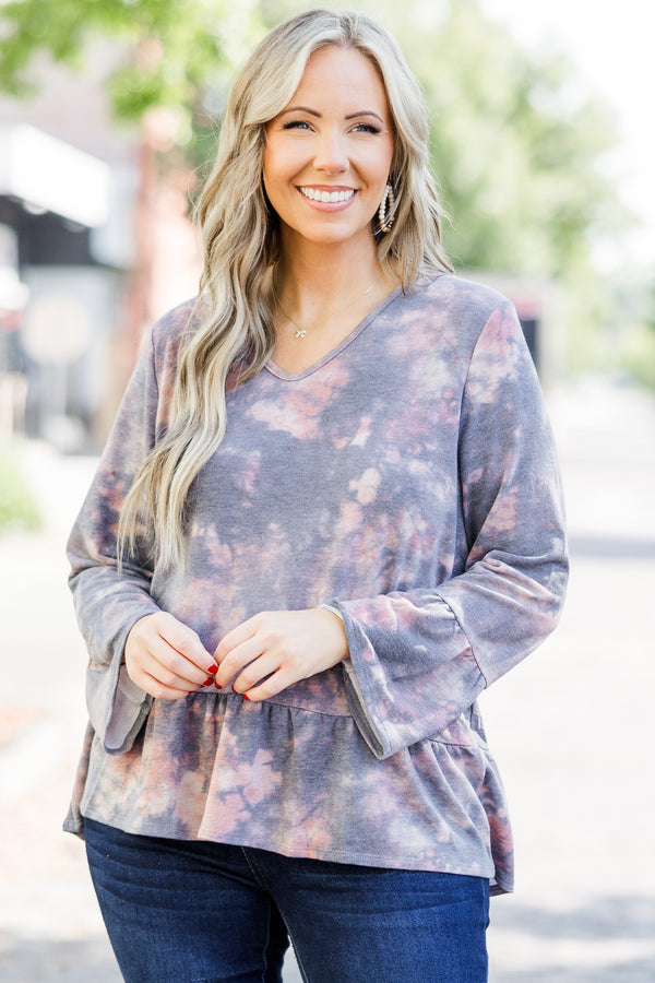 Chic Soul plus size clothing, navy acid wash long sleeve top with v neckline and ruffle detail along bottom of top and on sleeves
