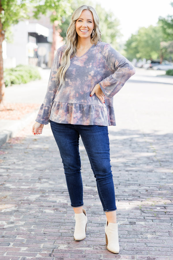 Chic Soul plus size clothing, navy acid wash long sleeve top with v neckline and ruffle detail along bottom of top and on sleeves
