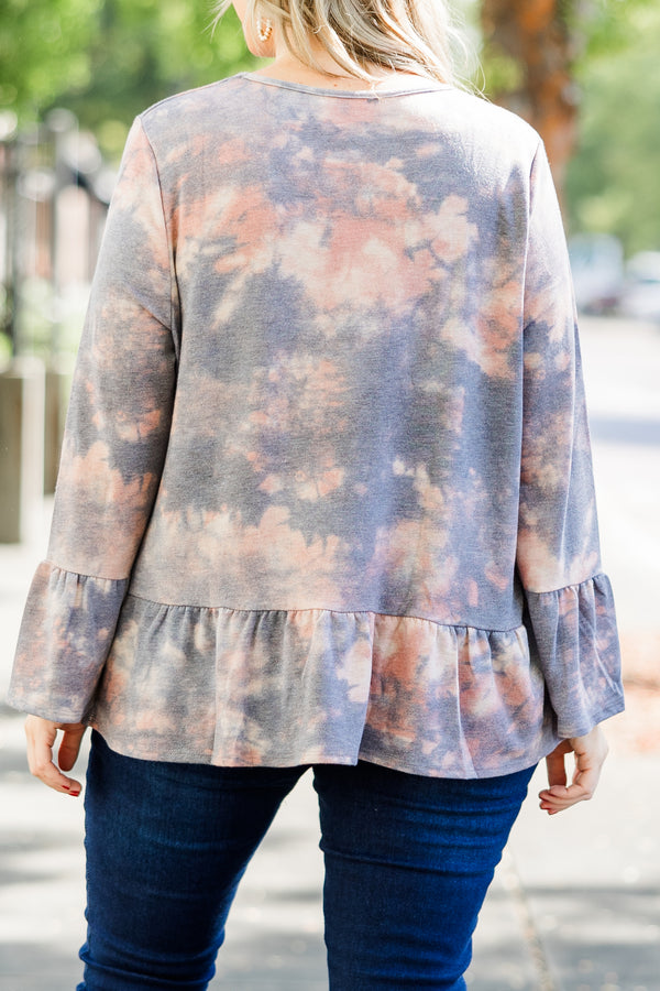 Chic Soul plus size clothing, navy acid wash long sleeve top with v neckline and ruffle detail along bottom of top and on sleeves
