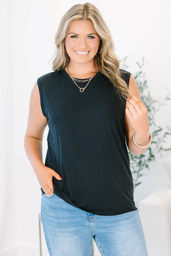 Plus Size black crew neck tank top with a clean silhouette and sleeveless design.