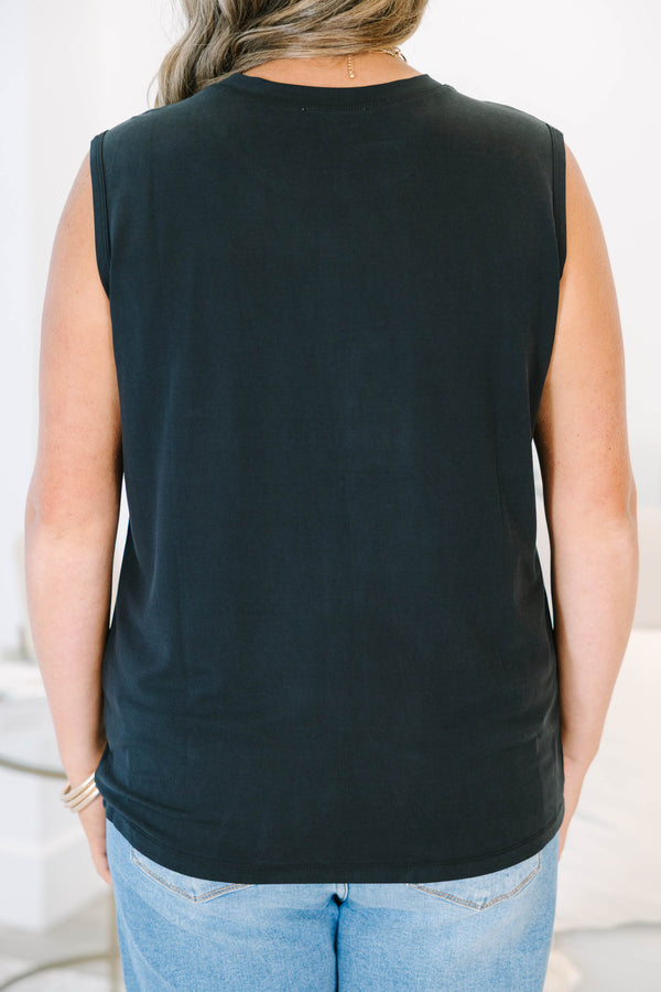 Plus Size black crew neck tank top with a clean silhouette and sleeveless design.