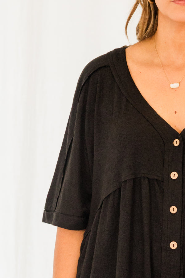 Chic Soul plus size clothing, short sleeve flowy black romper with light brown button details and v-neckline