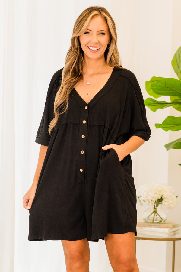 Chic Soul plus size clothing, short sleeve flowy black romper with light brown button details and v-neckline