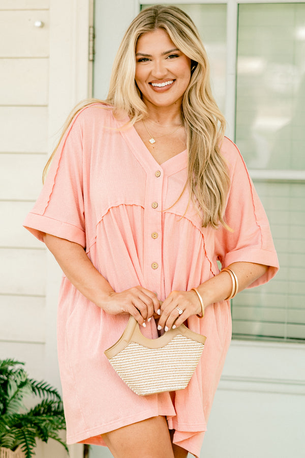 Chic Soul plus size clothing, blush pink short sleeve romper with v-neck and five buttons down the front