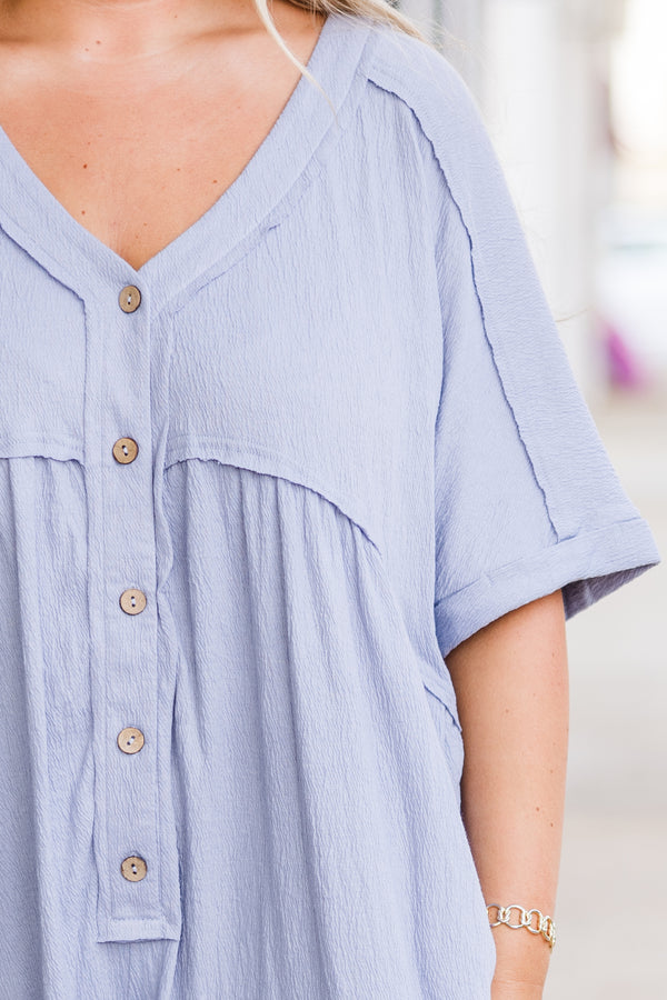 Chic Soul plus size clothing, short-sleeve dusty blue romper with  v-neckline and light brown button detailing with distressed stitching and side-pockets 