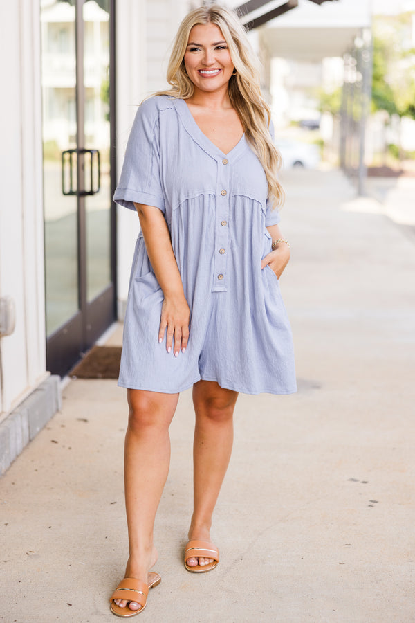 Chic Soul plus size clothing, short-sleeve dusty blue romper with  v-neckline and light brown button detailing with distressed stitching and side-pockets 