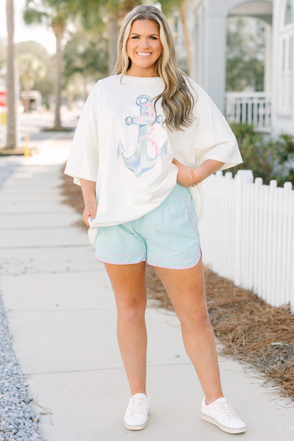 Chic Soul plus size clothing, white oversized boyfriend tee with watercolor anchor graphic