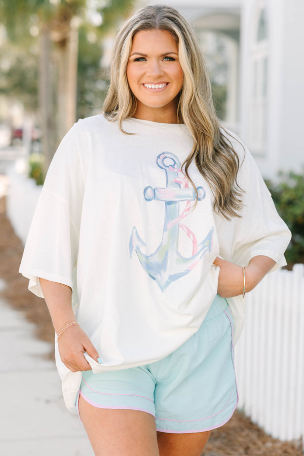 Chic Soul plus size clothing, white oversized boyfriend tee with watercolor anchor graphic