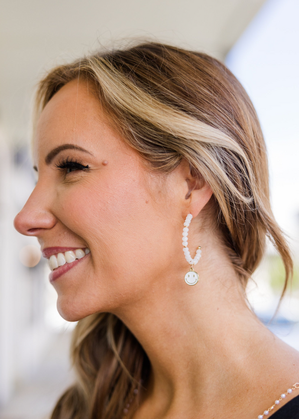 Chic Soul plus size clothing, white beaded hoops with smiley face dangle charm 