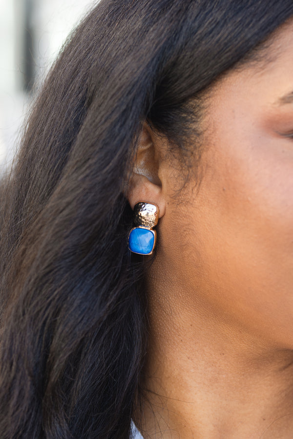 Chic Soul plus size clothing, gold and blue gemstone square earrings 