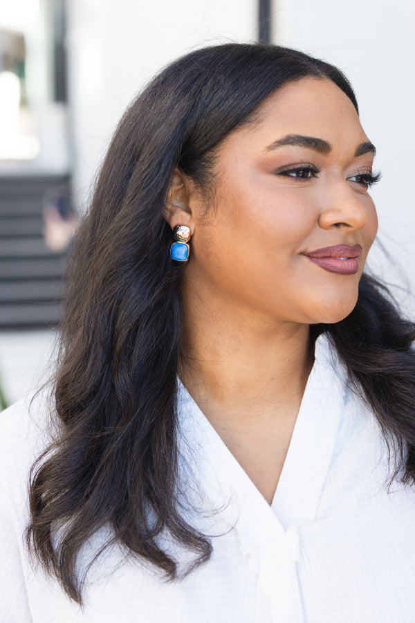 Chic Soul plus size clothing, gold and blue gemstone square earrings 