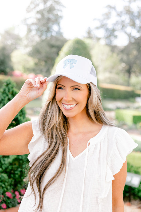 Chic Soul plus size clothing, white trucker hat with light blue bow stitched on the front with blue details