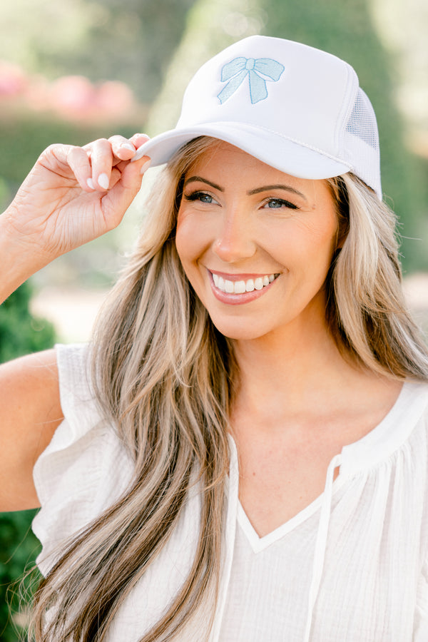 Chic Soul plus size clothing, white trucker hat with light blue bow stitched on the front with blue details