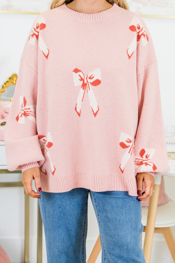 Chic Soul plus size clothing, pink knitted sweater with bow pattern and balloon sleeves