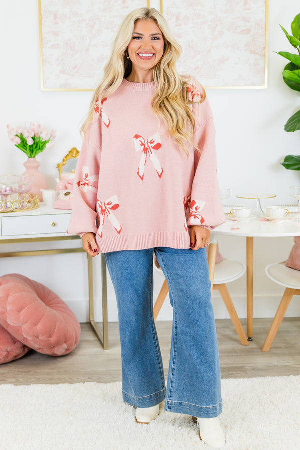 Chic Soul plus size clothing, pink knitted sweater with bow pattern and balloon sleeves