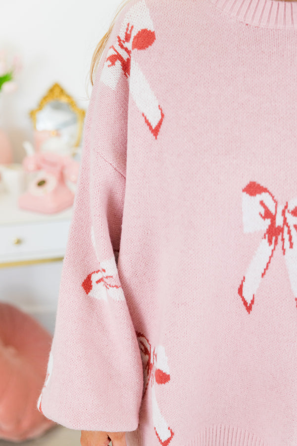 Chic Soul plus size clothing, pink knitted sweater with bow pattern and balloon sleeves