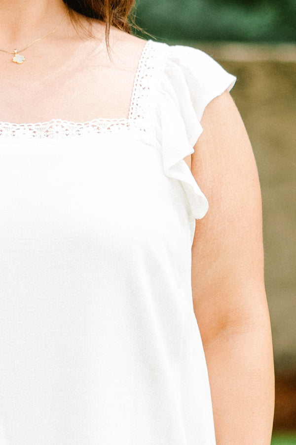 Chic Soul plus size clothing, ivory white flutter spaghetti strap dress