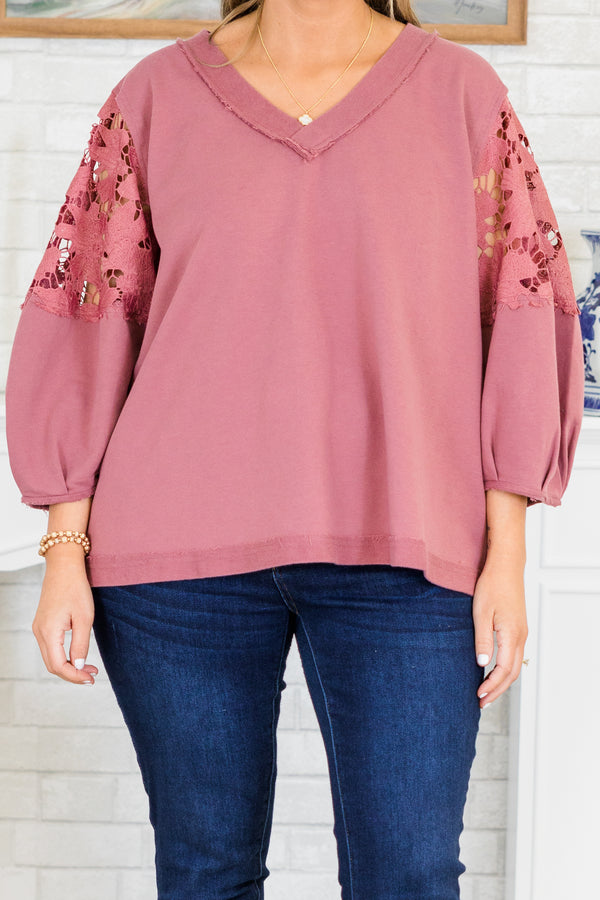 Chic Soul plus size clothing, washed mauve three quarter length sleeve sweatshirt with eyelet floral detailing on sleeves with v neckline