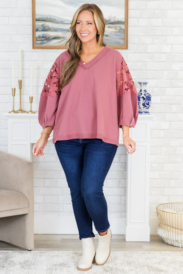 Chic Soul plus size clothing, washed mauve three quarter length sleeve sweatshirt with eyelet floral detailing on sleeves with v neckline