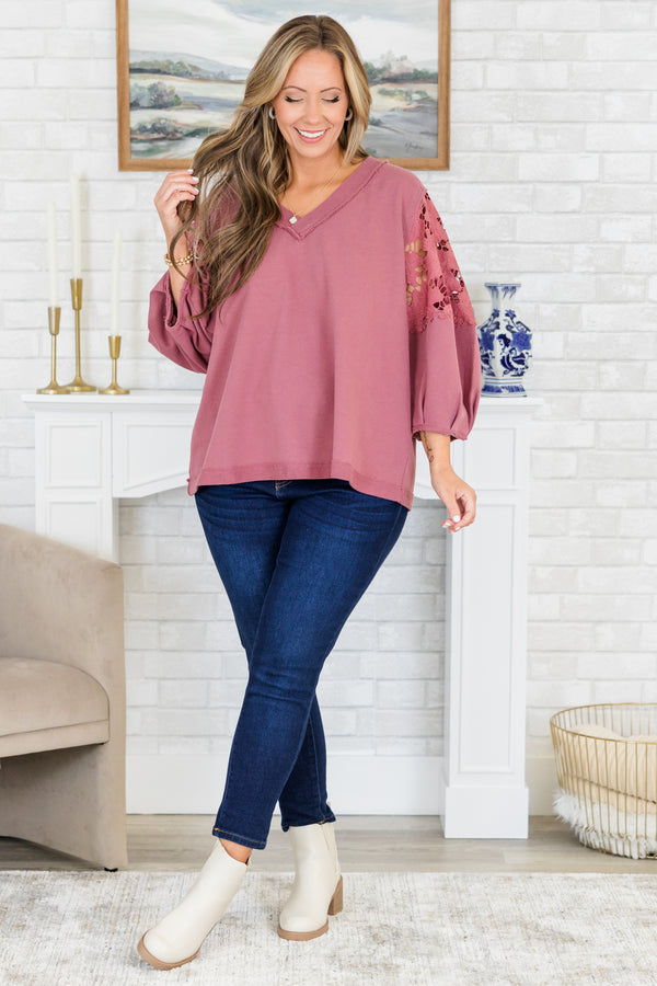 Chic Soul plus size clothing, washed mauve three quarter length sleeve sweatshirt with eyelet floral detailing on sleeves with v neckline