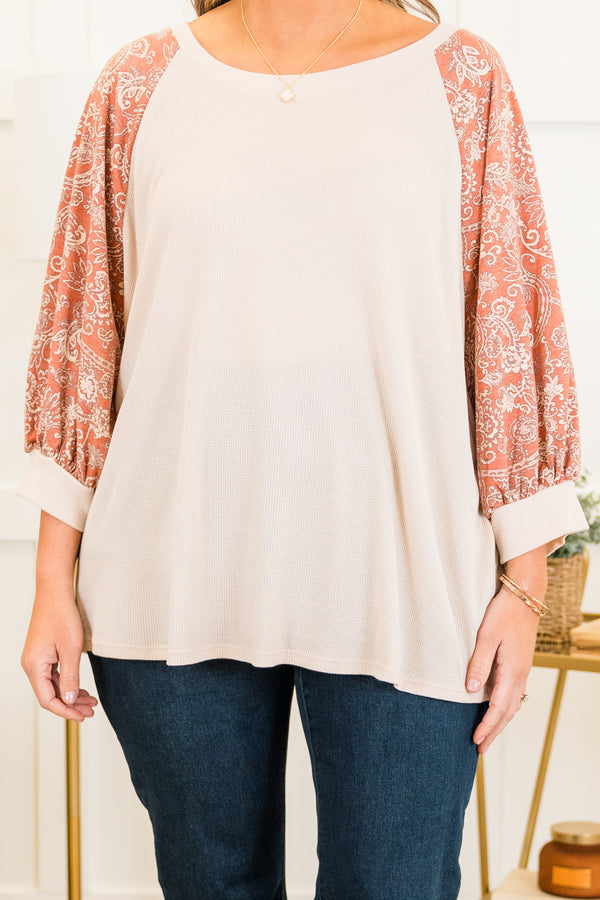 Chic Soul plus size clothing, ivory waffle knit long sleeve top with round neckline and cuff sleeves with brick paisley pattern along sleeves