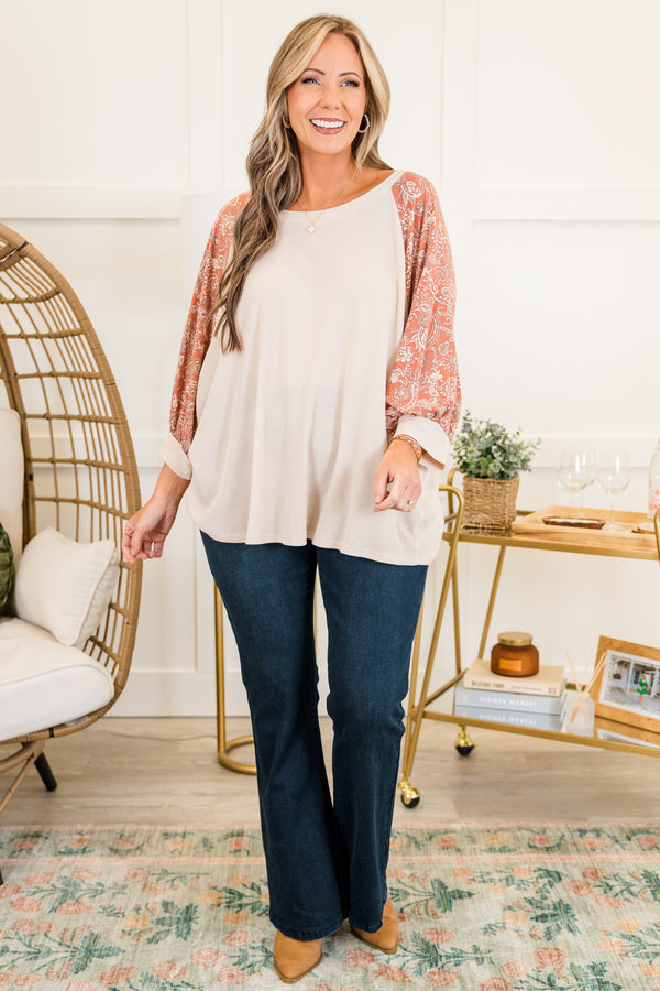 Chic Soul plus size clothing, ivory waffle knit long sleeve top with round neckline and cuff sleeves with brick paisley pattern along sleeves