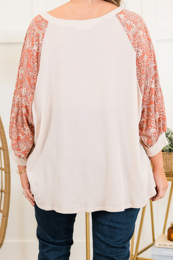 Chic Soul plus size clothing, ivory waffle knit long sleeve top with round neckline and cuff sleeves with brick paisley pattern along sleeves