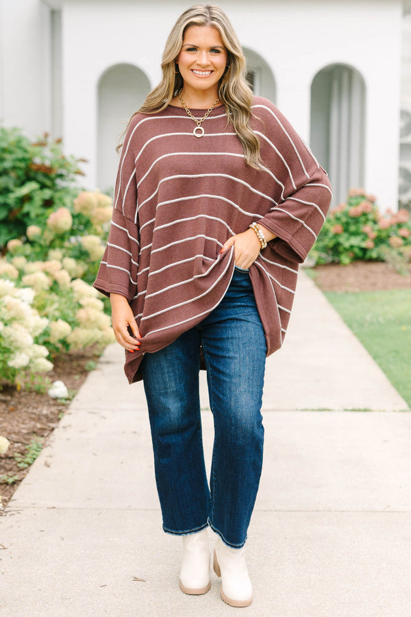 Plus Size brown striped knit sweater tunic with a relaxed fit, horizontal stripes, and crew neck.