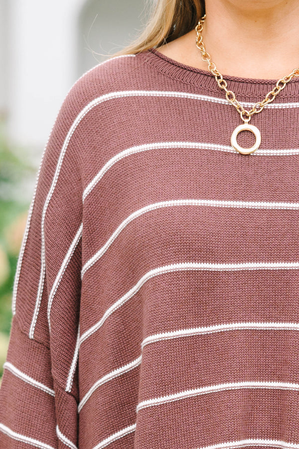 Plus Size brown striped knit sweater tunic with a relaxed fit, horizontal stripes, and crew neck.