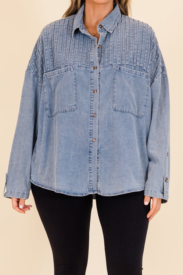 Chic Soul plus size clothing, long-sleeve light-wash denim top with collar and brown tortoise button detailing 