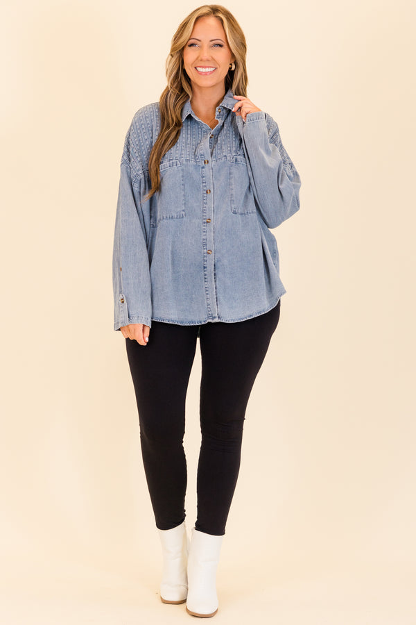 Chic Soul plus size clothing, long-sleeve light-wash denim top with collar and brown tortoise button detailing 