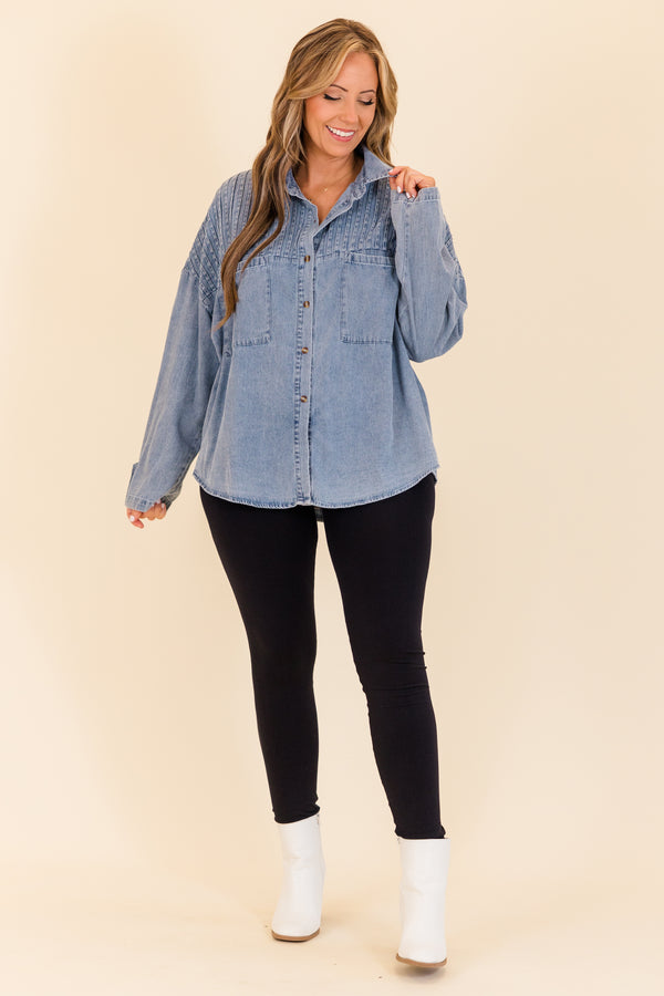 Chic Soul plus size clothing, long-sleeve light-wash denim top with collar and brown tortoise button detailing 