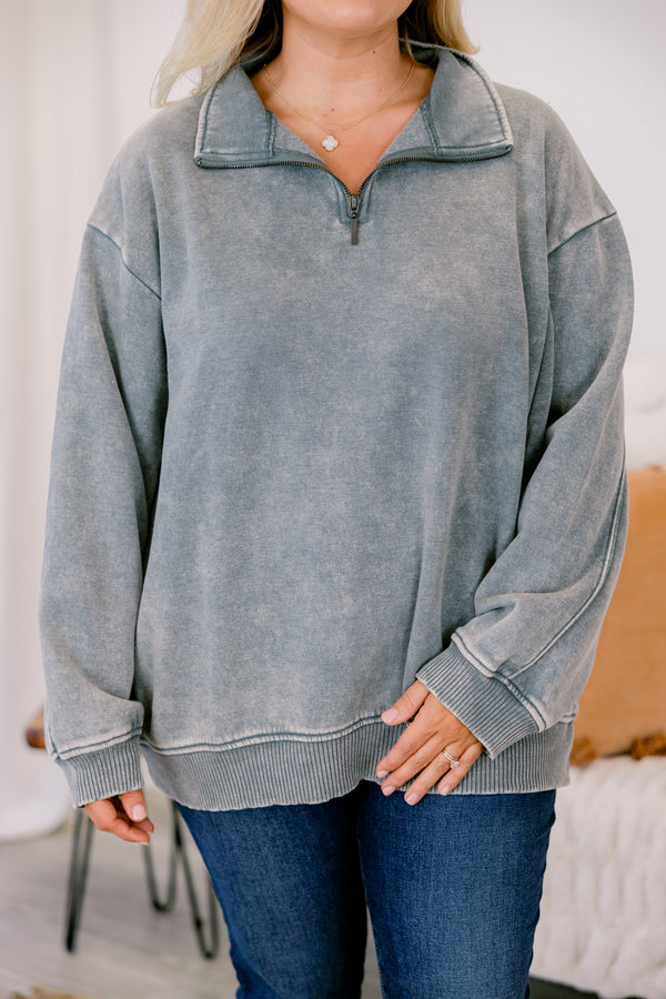 Chic Soul plus size clothing, Acid wash gray 1/4 zip pullover