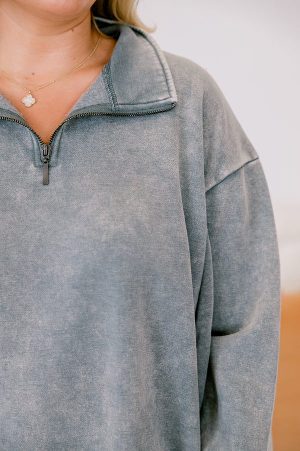 Chic Soul plus size clothing, Acid wash gray 1/4 zip pullover