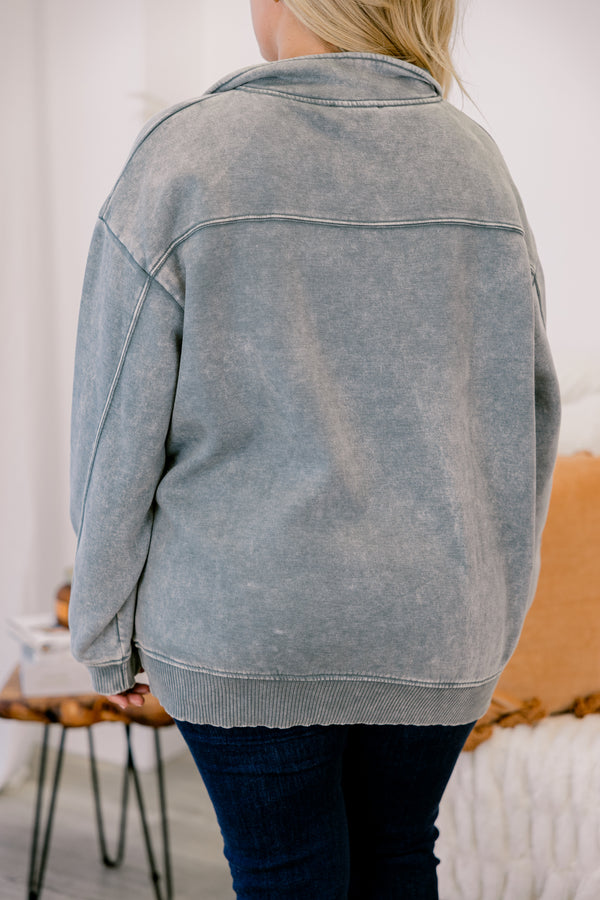 Chic Soul plus size clothing, Acid wash gray 1/4 zip pullover