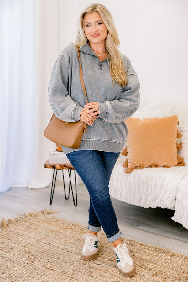 Chic Soul plus size clothing, Acid wash gray 1/4 zip pullover
