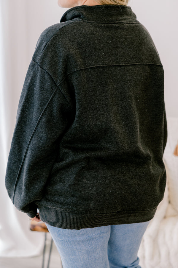 Chic Soul plus size clothing, black long sleeve pullover with a zipper that goes down to the top of the chest as well as a collar 