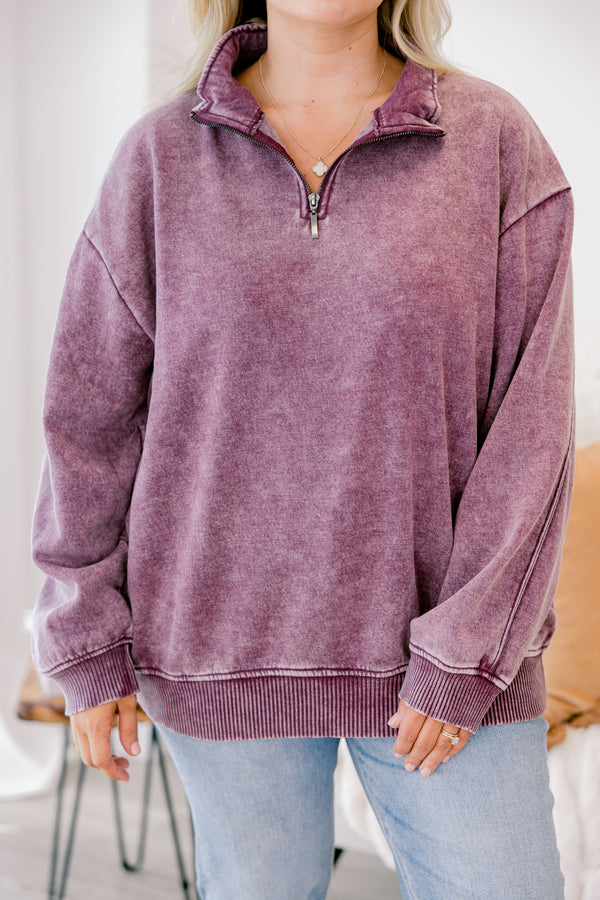 Chic Soul plus size clothing, eggplant colored acid washed long sleeve pullover with a collar 